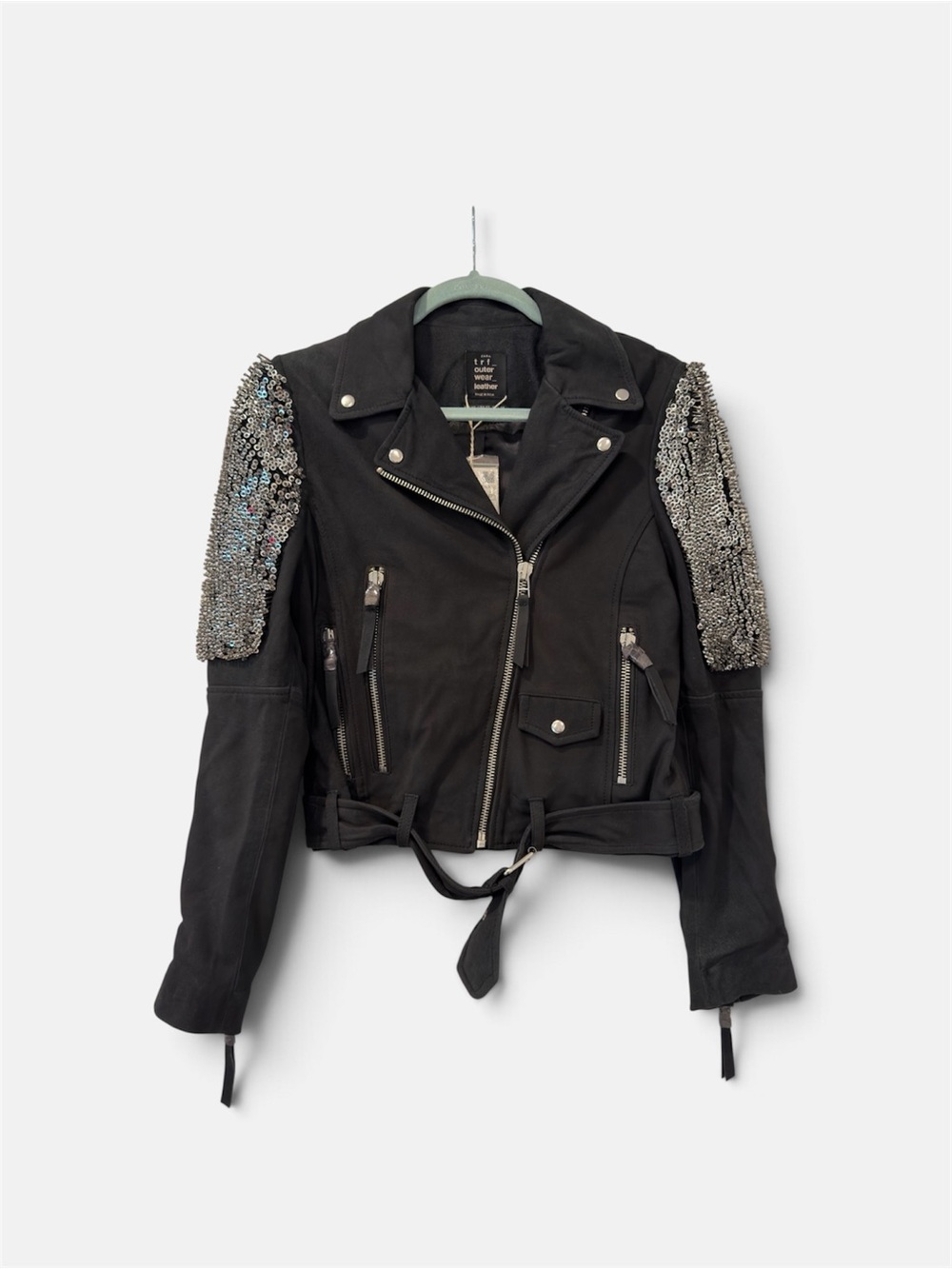 Embellished Black Moto Jacket with Sequin Shoulders